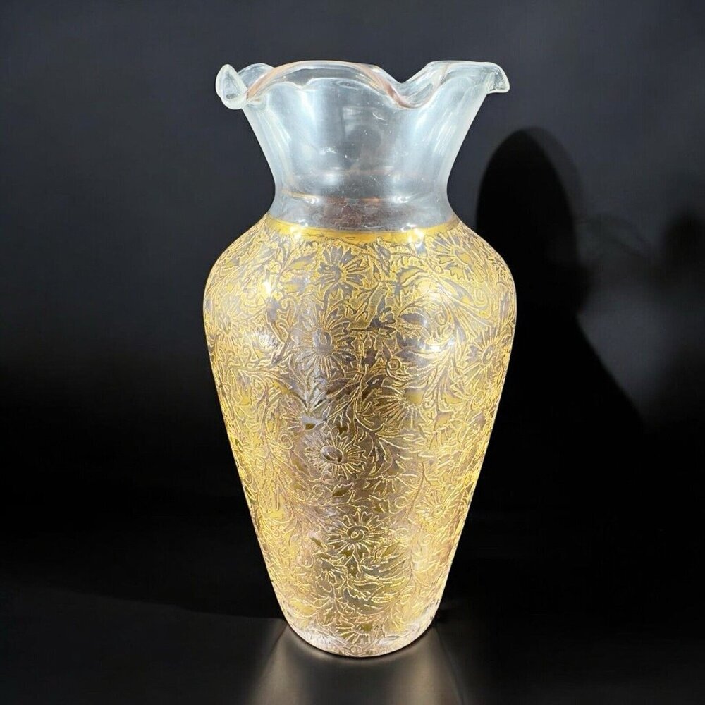 Vtg Glastonbury 24K Gold Lotus Vase Daisy Fields Ruffled Edge Glass Vase Vintage